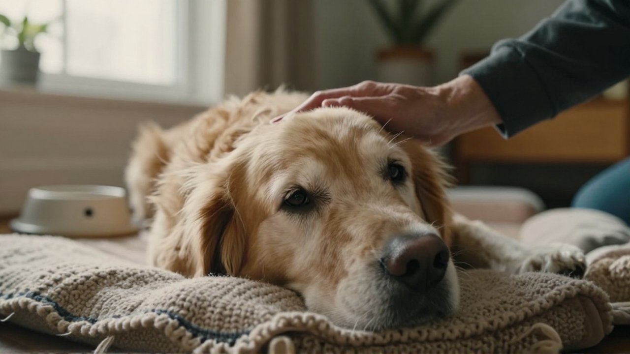 Un perro Golden Retriever de edad avanzada descansa mientras una mano le acaricia la oreja.