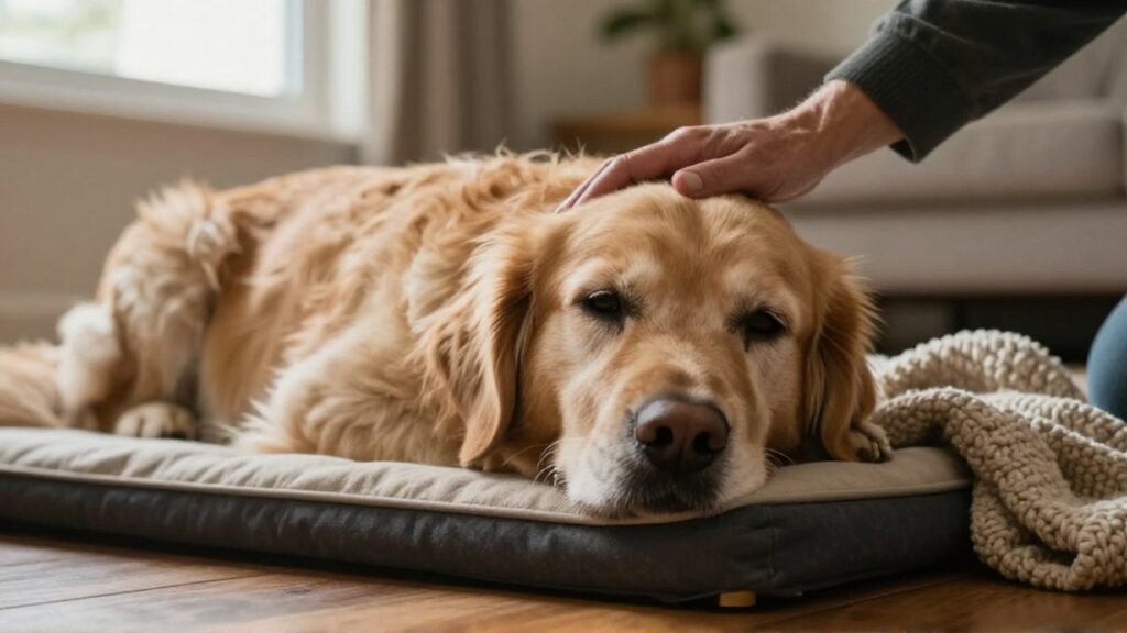 Un Golden Retriever anciano descansa en su cama mientras una mano acaricia su cabeza con ternura.