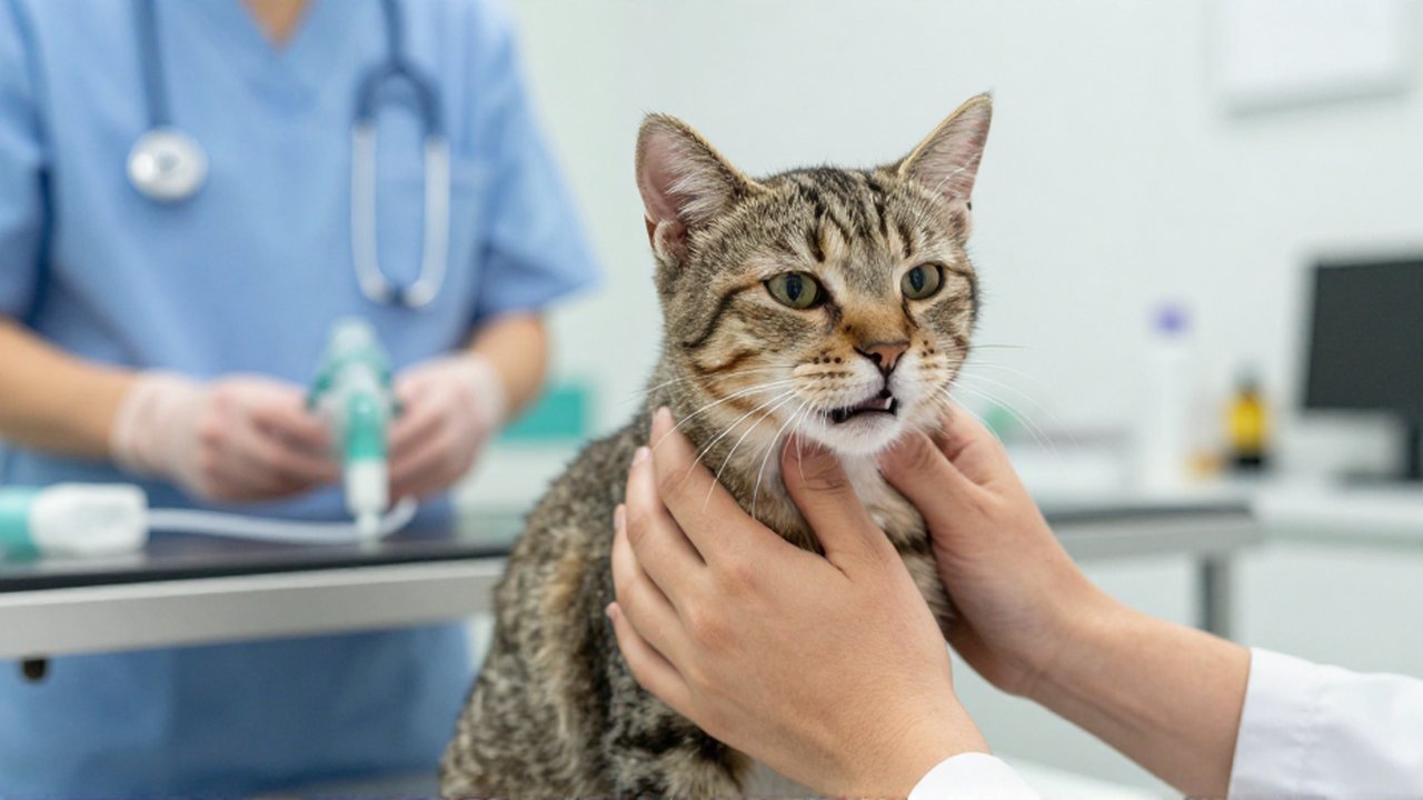Manos de un veterinario sostienen con cuidado el pecho de un gato con dificultad respiratoria en una clínica.