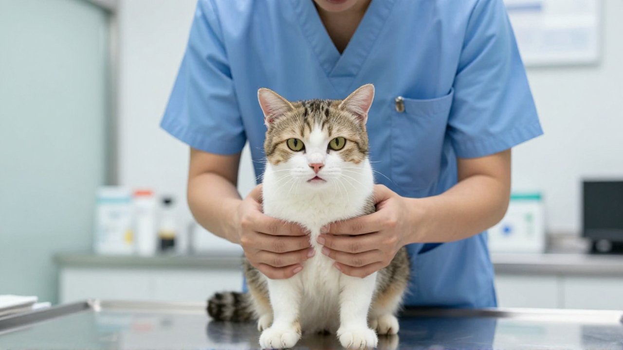Veterinaria examinando con cuidado el pecho de un gato sobre una mesa de acero inoxidable.