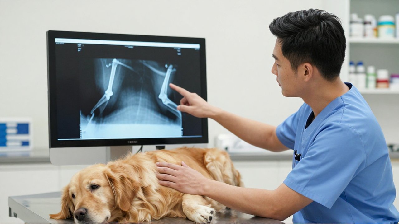 Un veterinario señala una radiografía de la pata de un Golden Retriever en una clínica moderna.