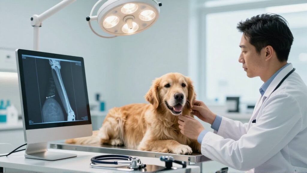 Un veterinario examina una radiografía digital de la pata de un golden retriever en una clínica moderna.