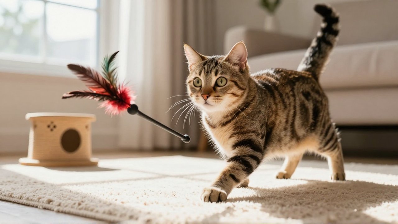 Gato tabby salta con entusiasmo para atrapar un juguete de plumas en una sala iluminada.