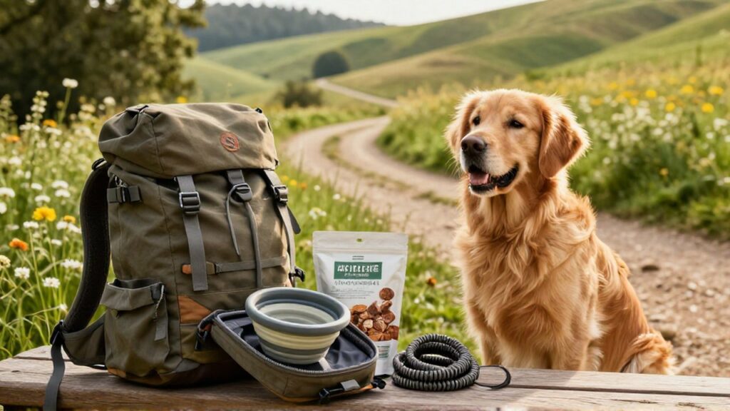 Kit de senderismo para perros junto a un Golden Retriever en un paisaje campestre soleado.