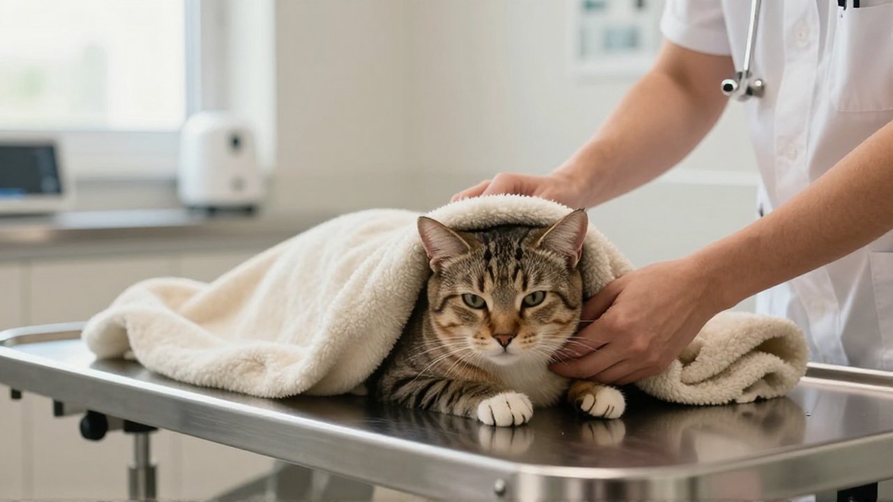 Un veterinario coloca una manta térmica sobre un gato relajado en una clínica moderna.