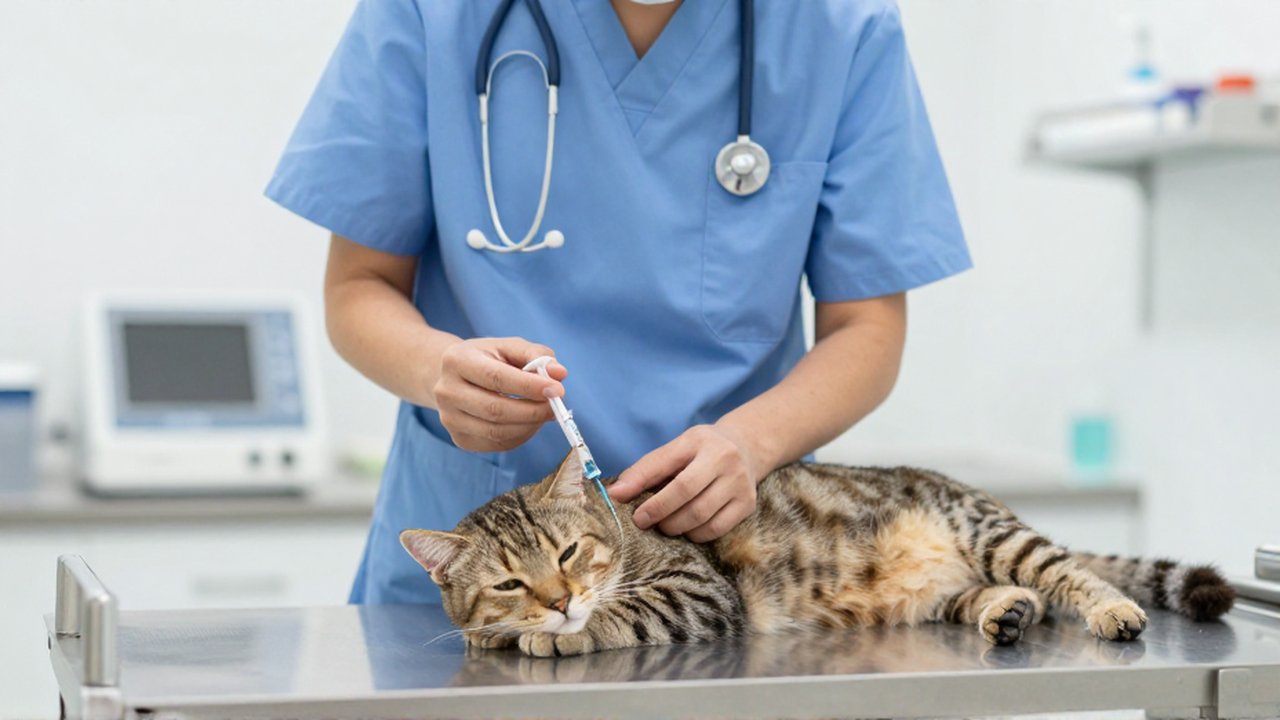 Un veterinario con uniforme azul aplica un sedante a un gato tabby en una clínica moderna.
