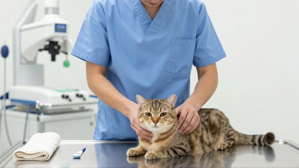 Veterinaria con uniforme azul prepara con delicadeza a un gato en una clínica moderna.