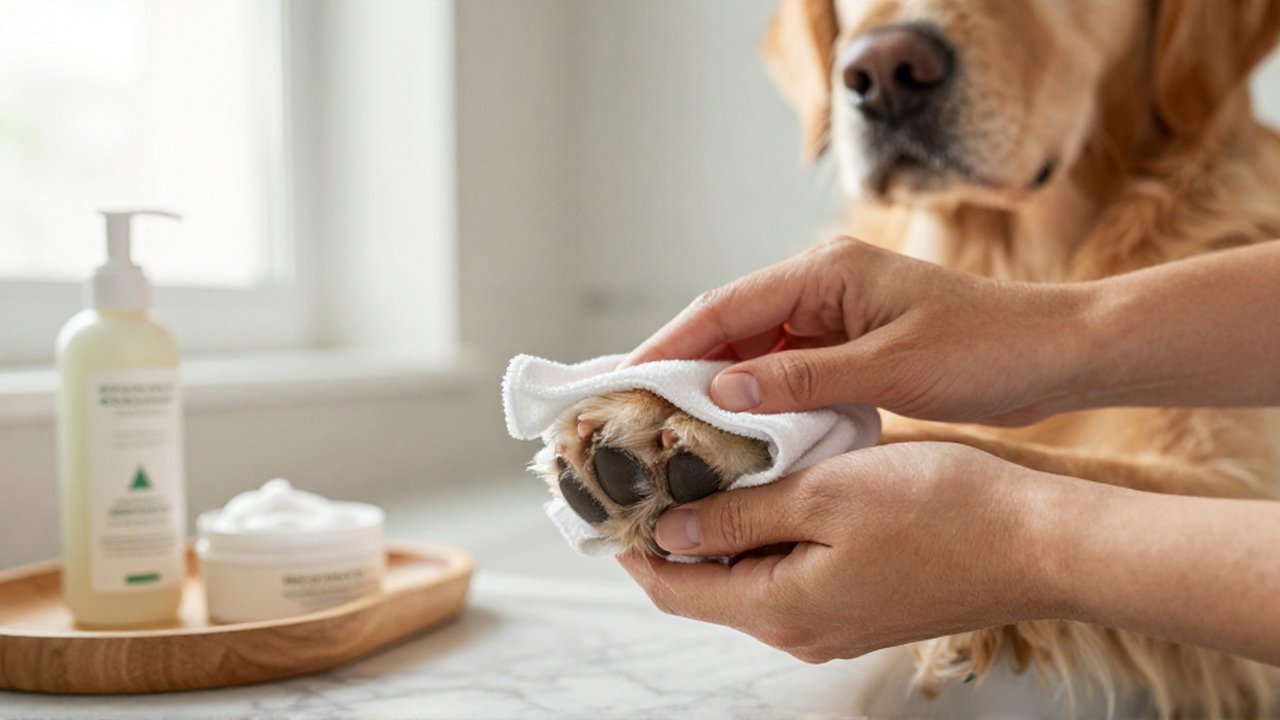 Unas manos limpian con cuidado la pata de un Golden Retriever sobre un mostrador de mármol.