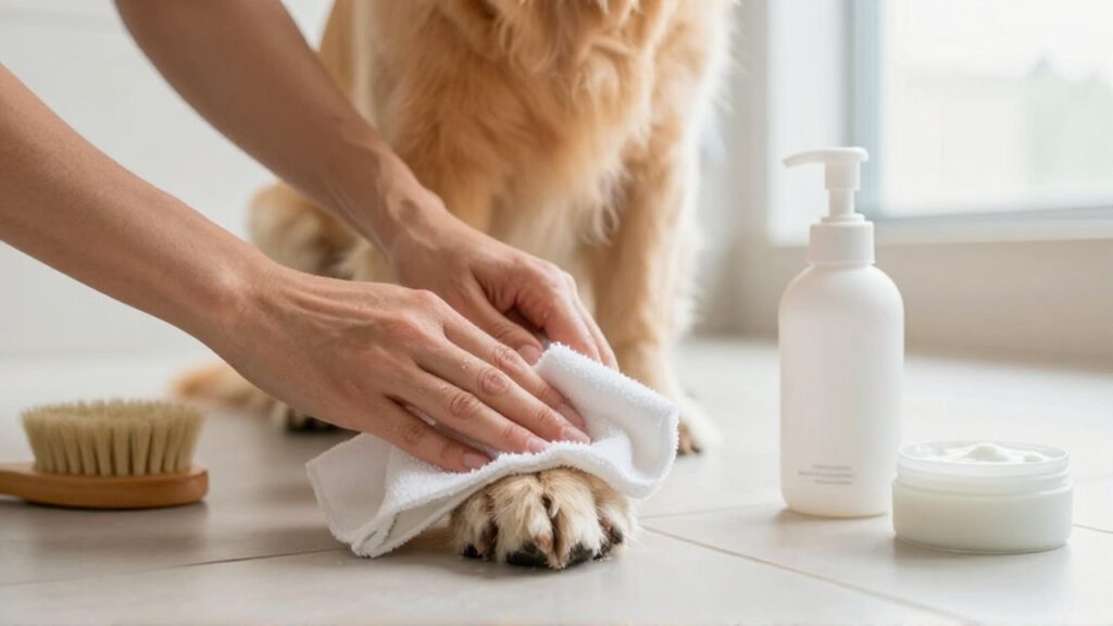 Unas manos limpian con suavidad la pata de un golden retriever usando una toalla blanca.