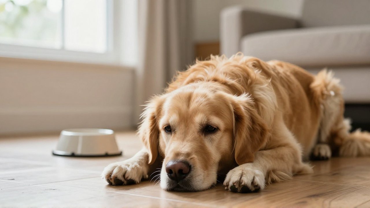 Un golden retriever decaído y sediento se sienta frente a un cuenco de agua vacío.