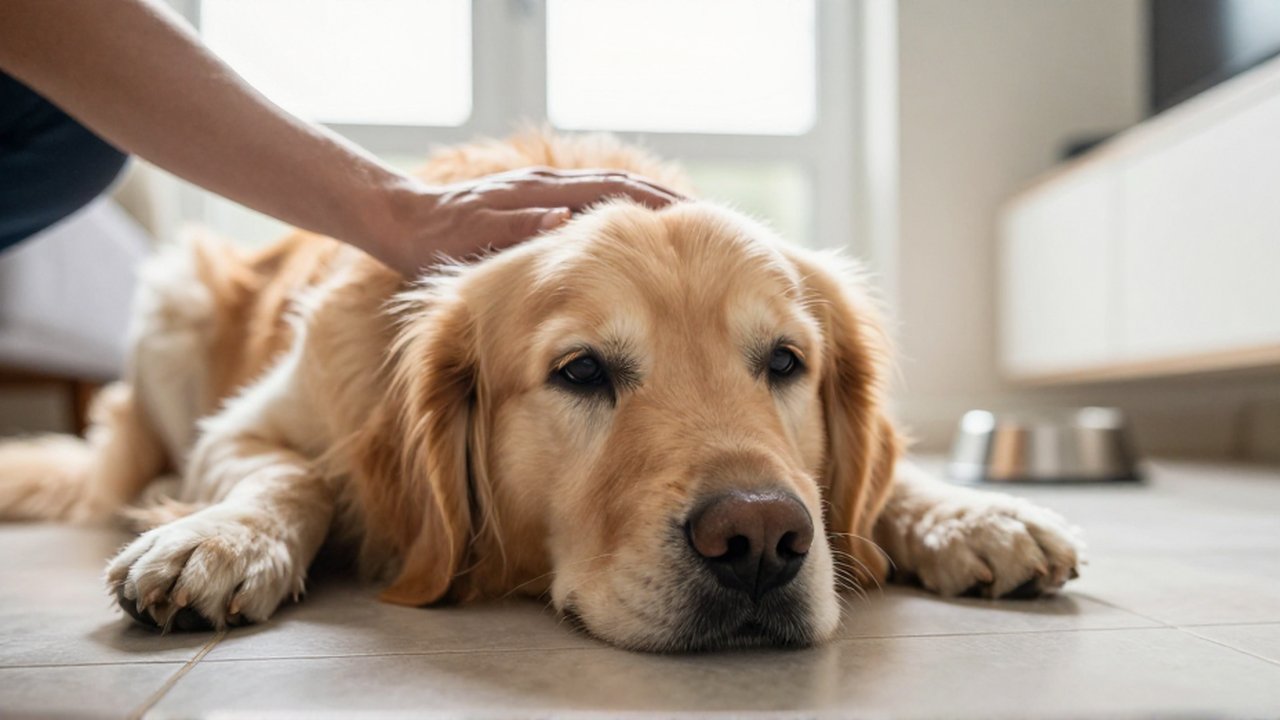 Un golden retriever decaído yace en un suelo de baldosas mientras una persona lo acaricia.