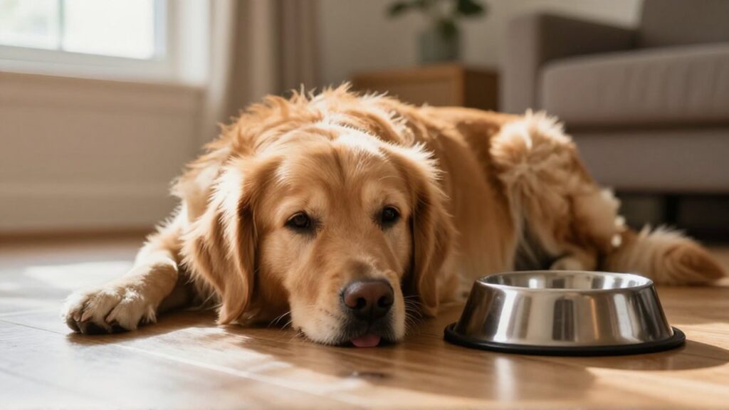Un golden retriever decaído yace en el suelo junto a un cuenco de agua vacío.
