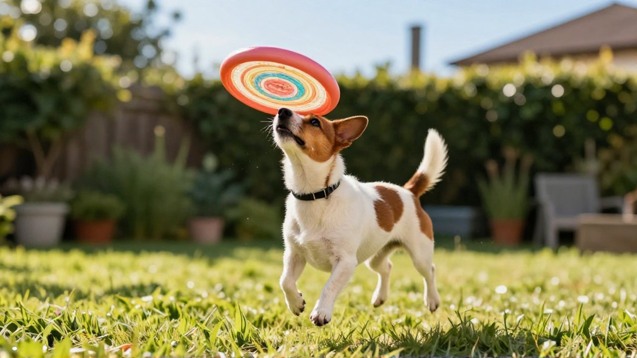 Jack Russell Terrier salta en un jardín soleado para atrapar un frisbee de juguete.