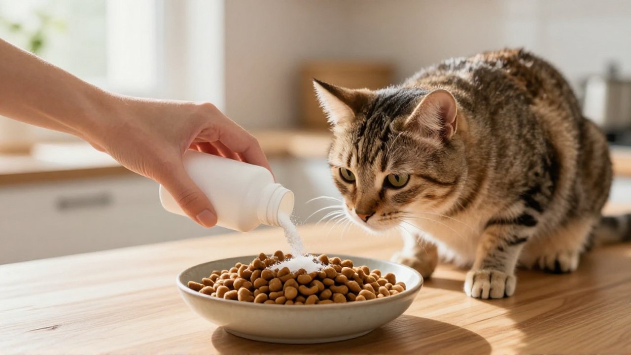 Una mano vierte polvo de probióticos en el cuenco de comida de un gato tabby.