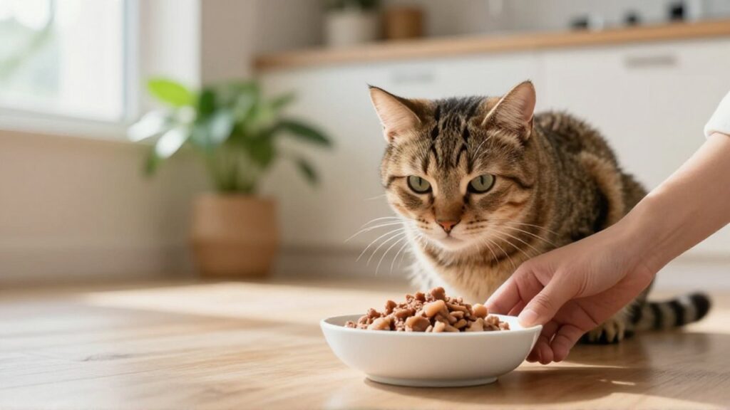 Un gato tabby tranquilo recibe un cuenco de comida húmeda en una cocina soleada.