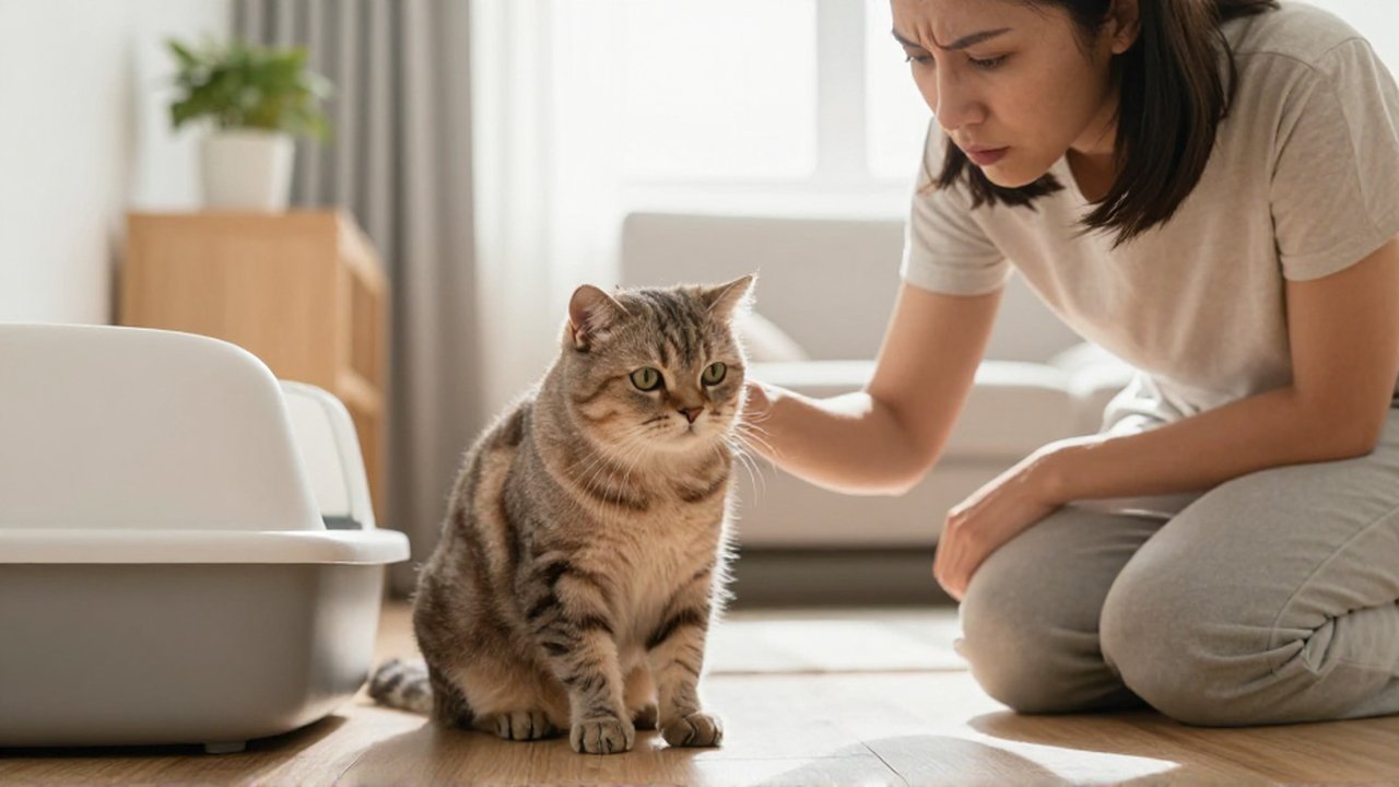 Una mujer observa con preocupación a su gato decaído sentado junto a su caja de arena.