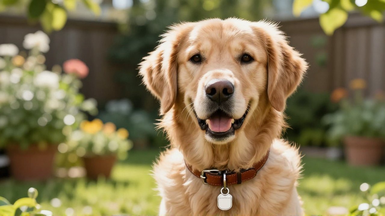 Primer plano de un Golden Retriever con un collar de cuero y placa de identificación en un jardín soleado.