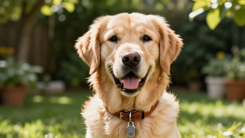 Golden Retriever sentado en un jardín soleado luciendo un collar de cuero con placa metálica.