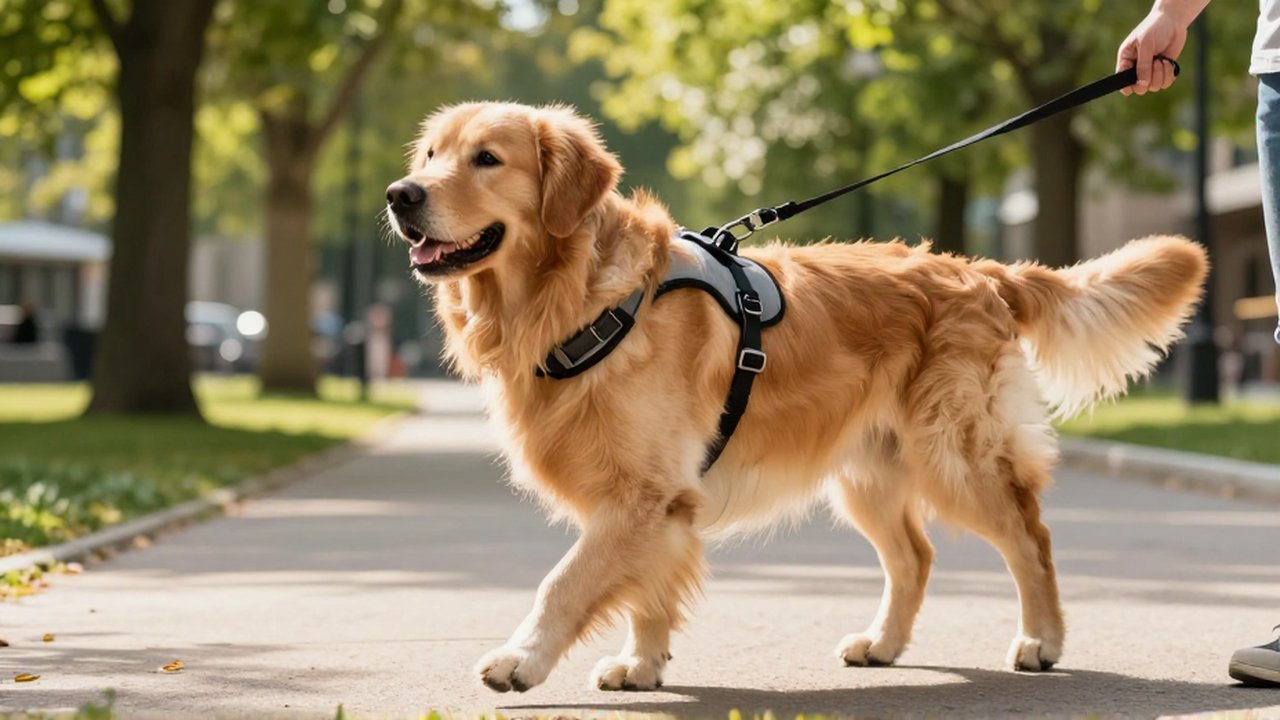 Golden Retriever con un arnés ergonómico camina por un parque soleado junto a su dueño.
