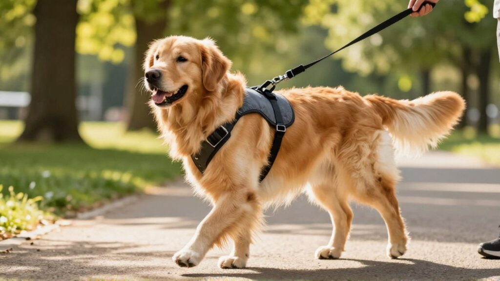 Golden Retriever camina con un arnés ergonómico integrado por un sendero soleado en un parque.